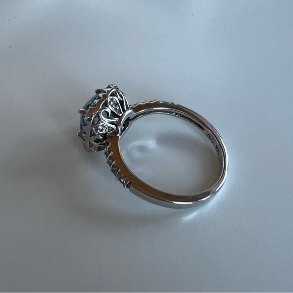 Aquamarine Cushion Cut Haloed Cubic Zirconia Ring Sterling Silver Setting - Picture 4 of 8